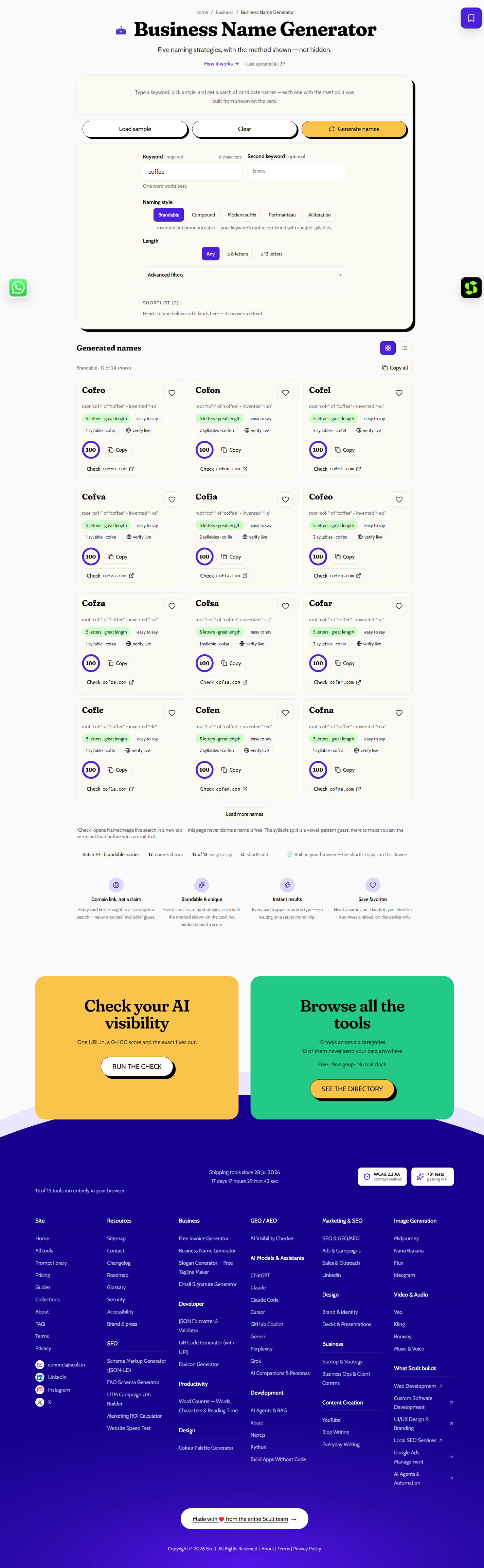 Business Name Generator showing a keyword field, naming style options like Brandable and Portmanteau, and a length filter