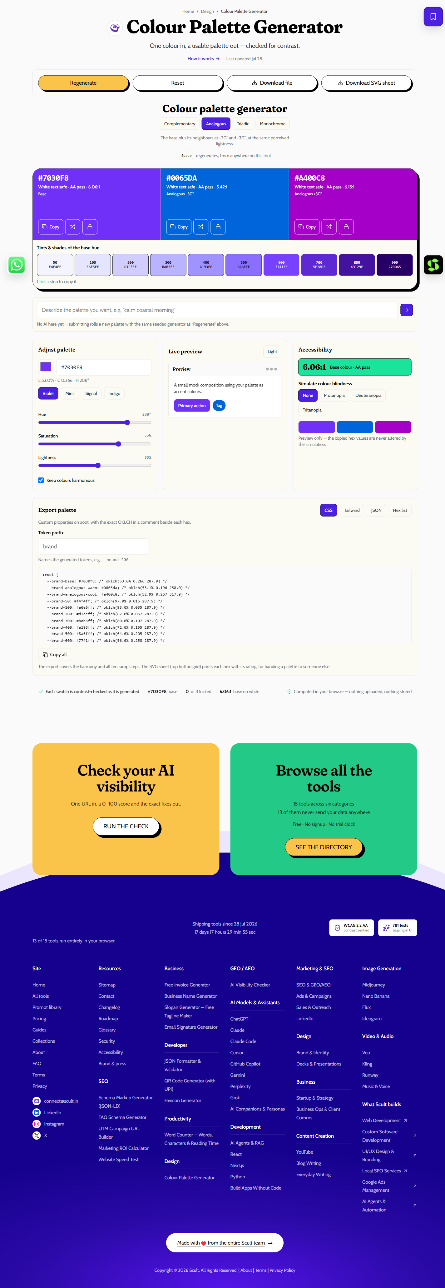 Colour Palette Generator showing complementary, analogous, triadic and monochrome options, a three-colour palette with WCAG contrast ratios, and a tint/shade scale below it