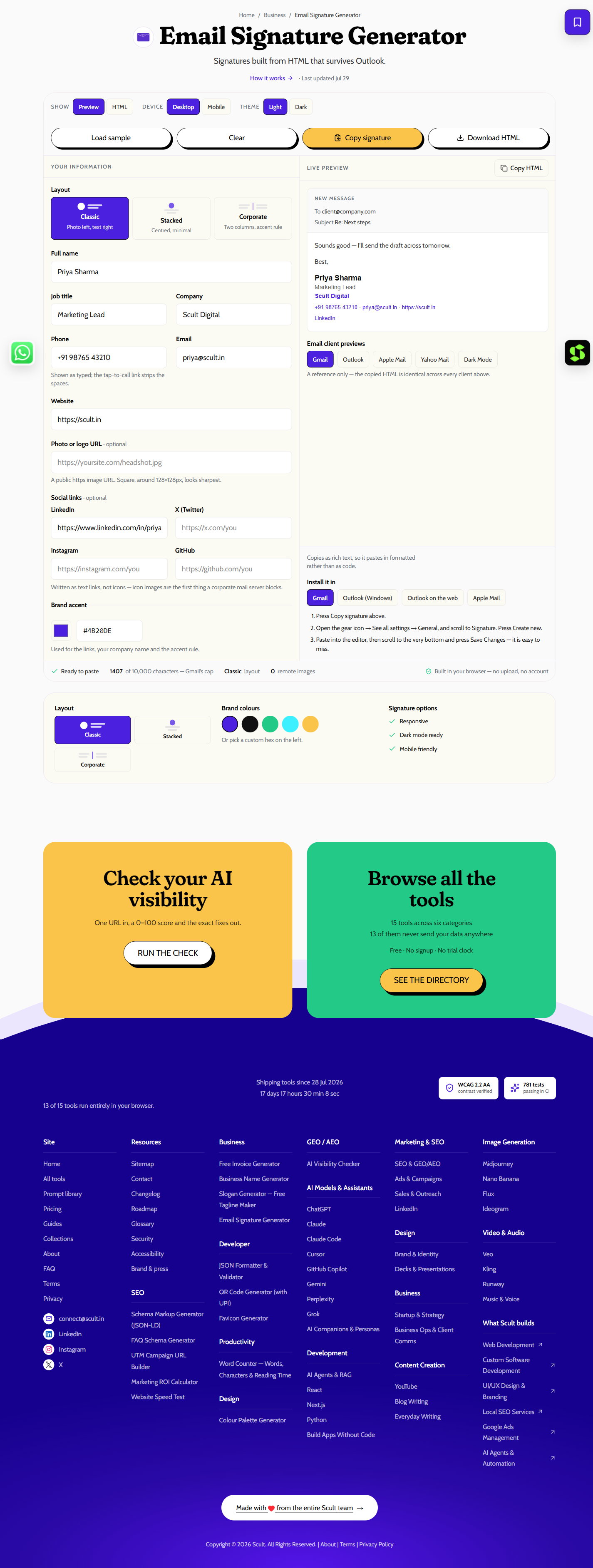 Email Signature Generator showing a layout picker and detail fields on the left and a live preview inside a mock email, with Gmail, Outlook, Apple Mail and dark-mode tabs, on the right