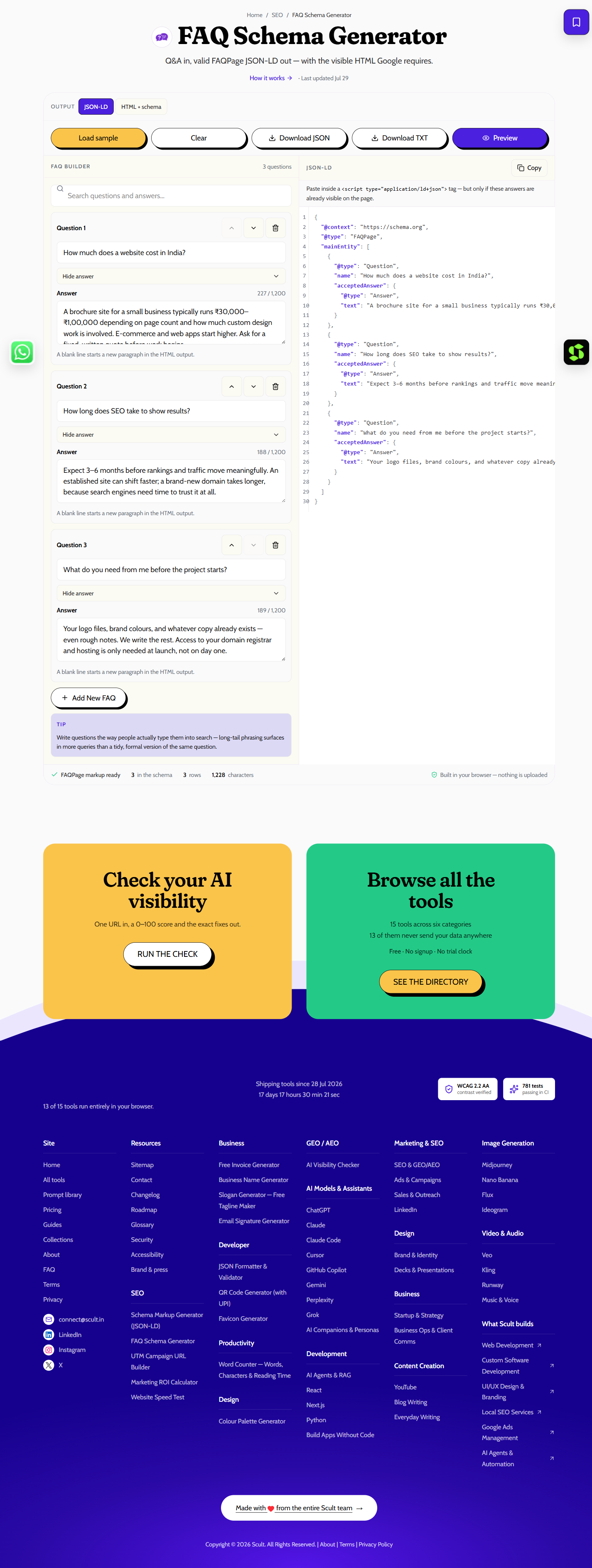 FAQ Schema Generator showing a Q&A builder on the left and the generated FAQPage JSON-LD on the right