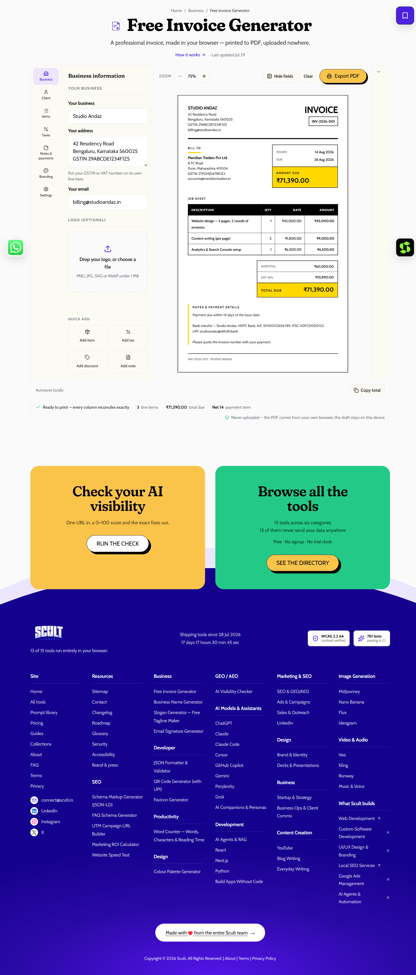 Invoice Generator showing business and client detail fields on the left and a formatted invoice with GSTIN, job sheet, and amount due on the right