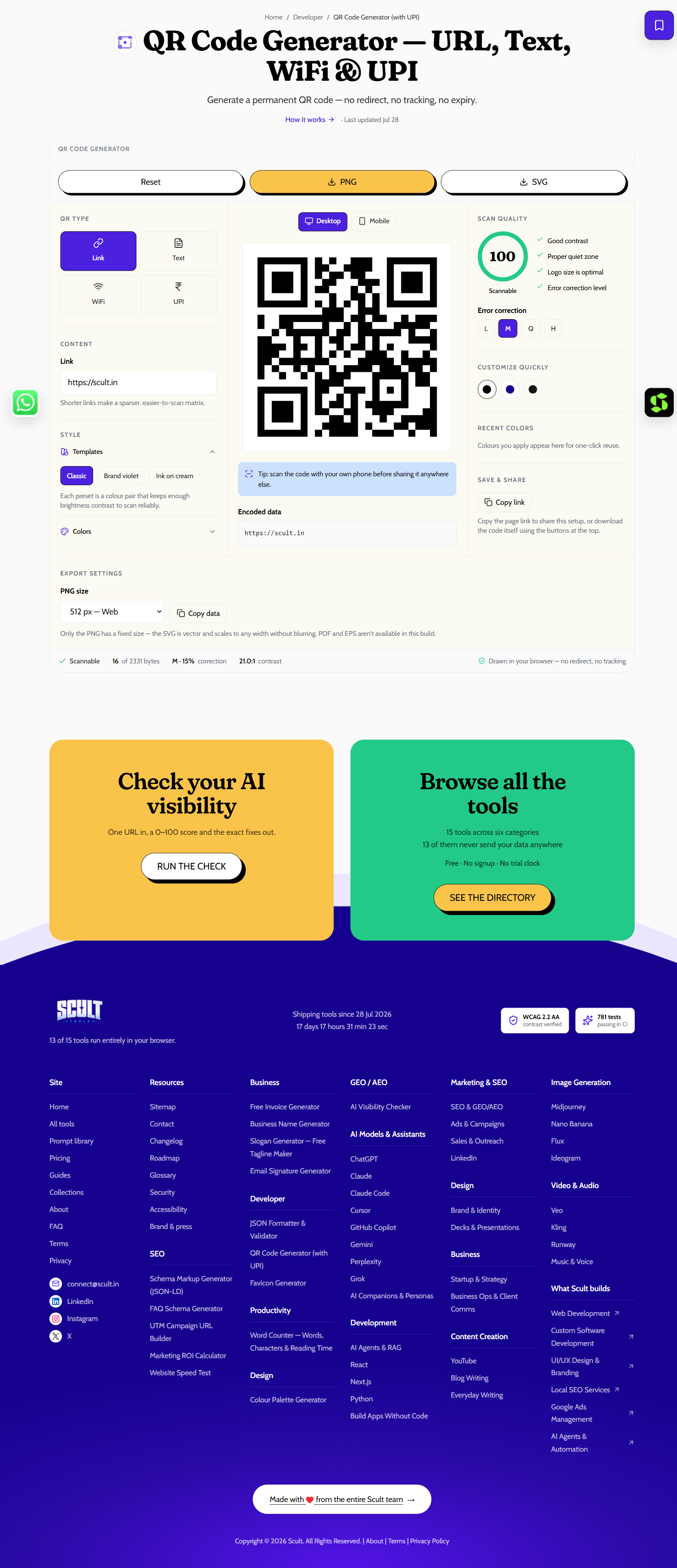 QR Code Generator showing Link, Text, WiFi and UPI type options, the generated QR code, and a scan-quality score of 100