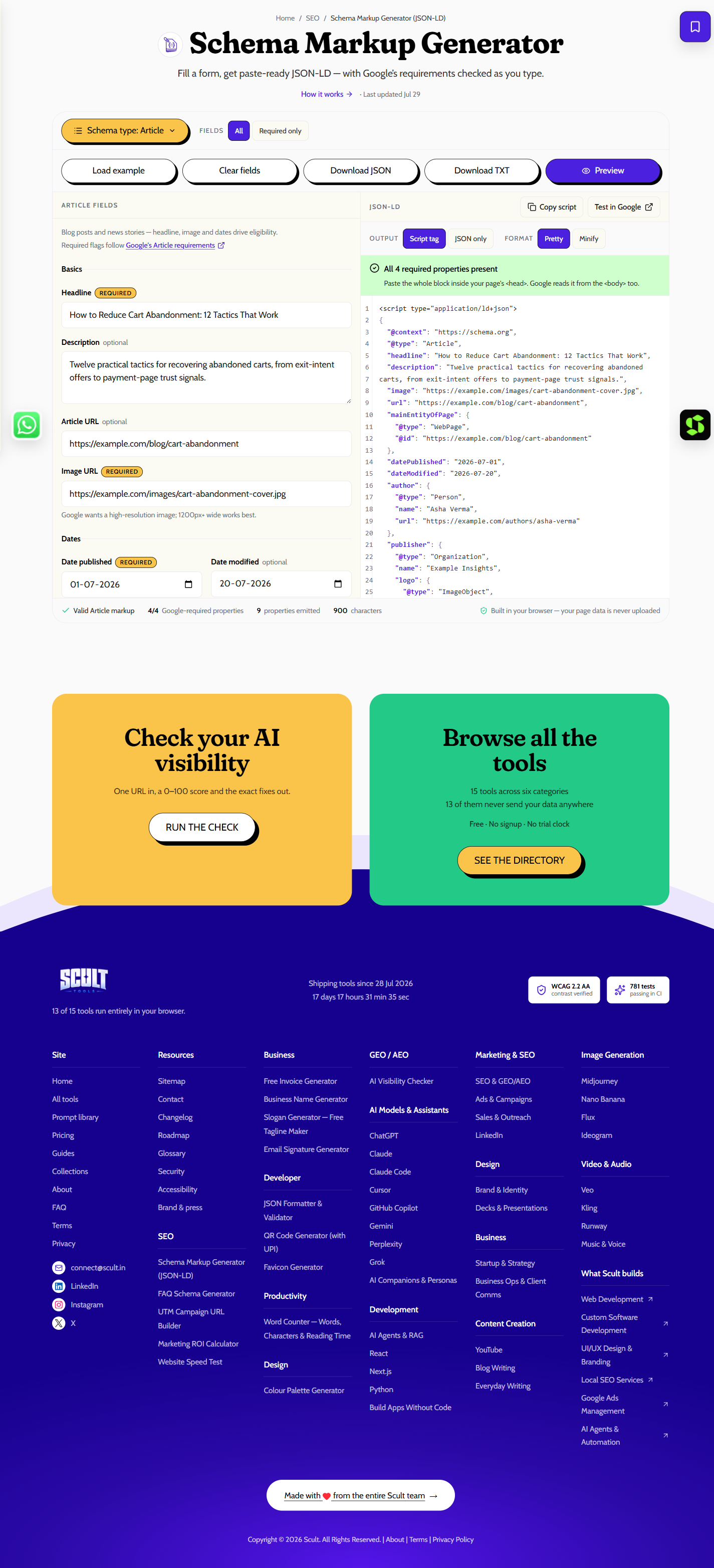 Schema Markup Generator showing an Article schema form on the left and the generated JSON-LD, with a green "all 4 required properties present" check, on the right