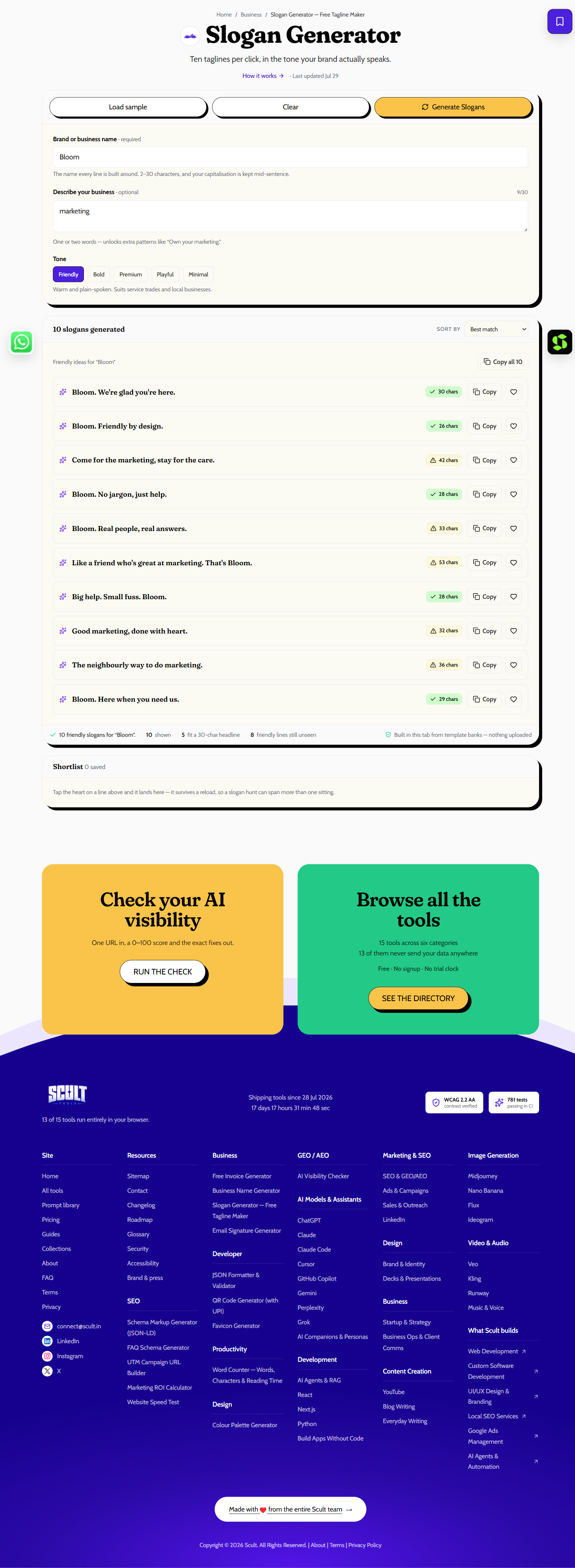Slogan Generator showing a brand name field, an optional description field, and tone options like Friendly, Bold, and Premium