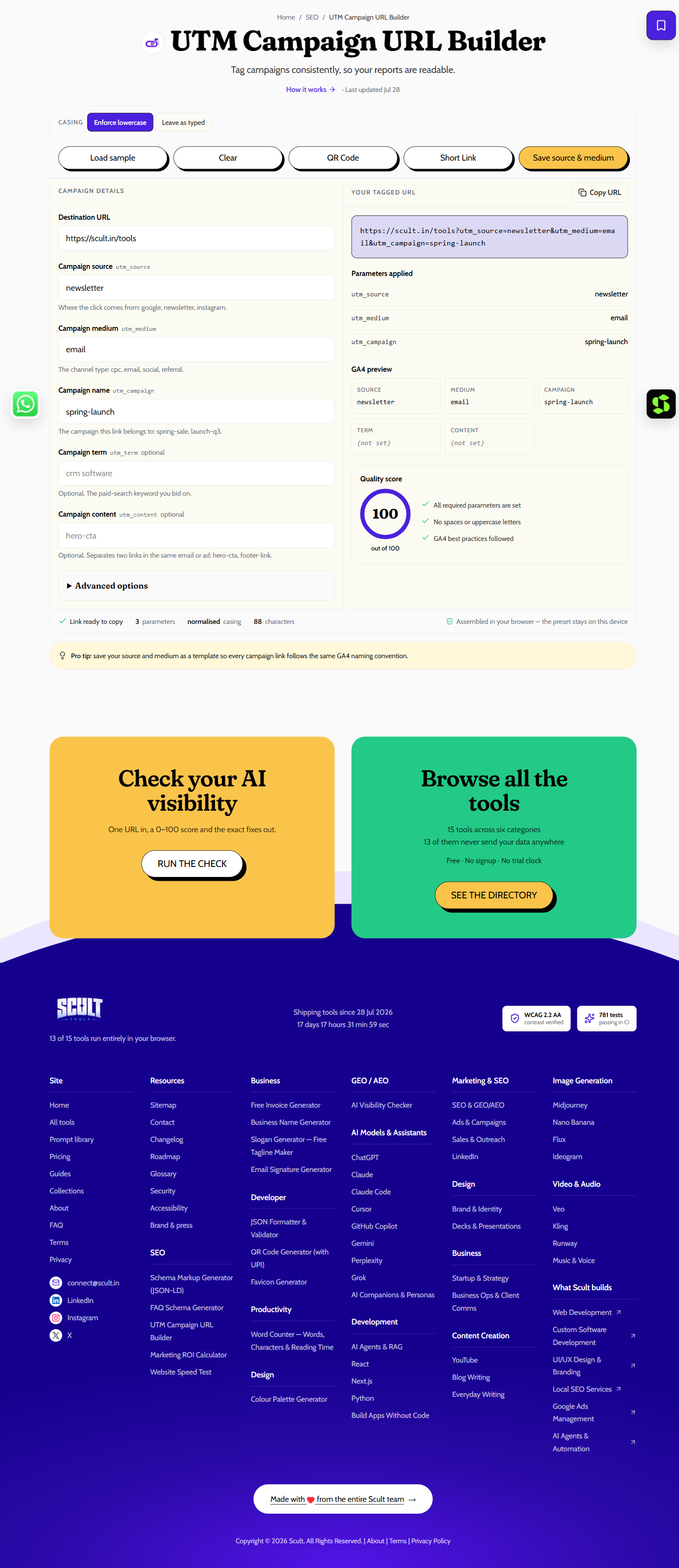 UTM Campaign URL Builder showing source, medium and campaign fields on the left and the tagged URL with a GA4 preview on the right
