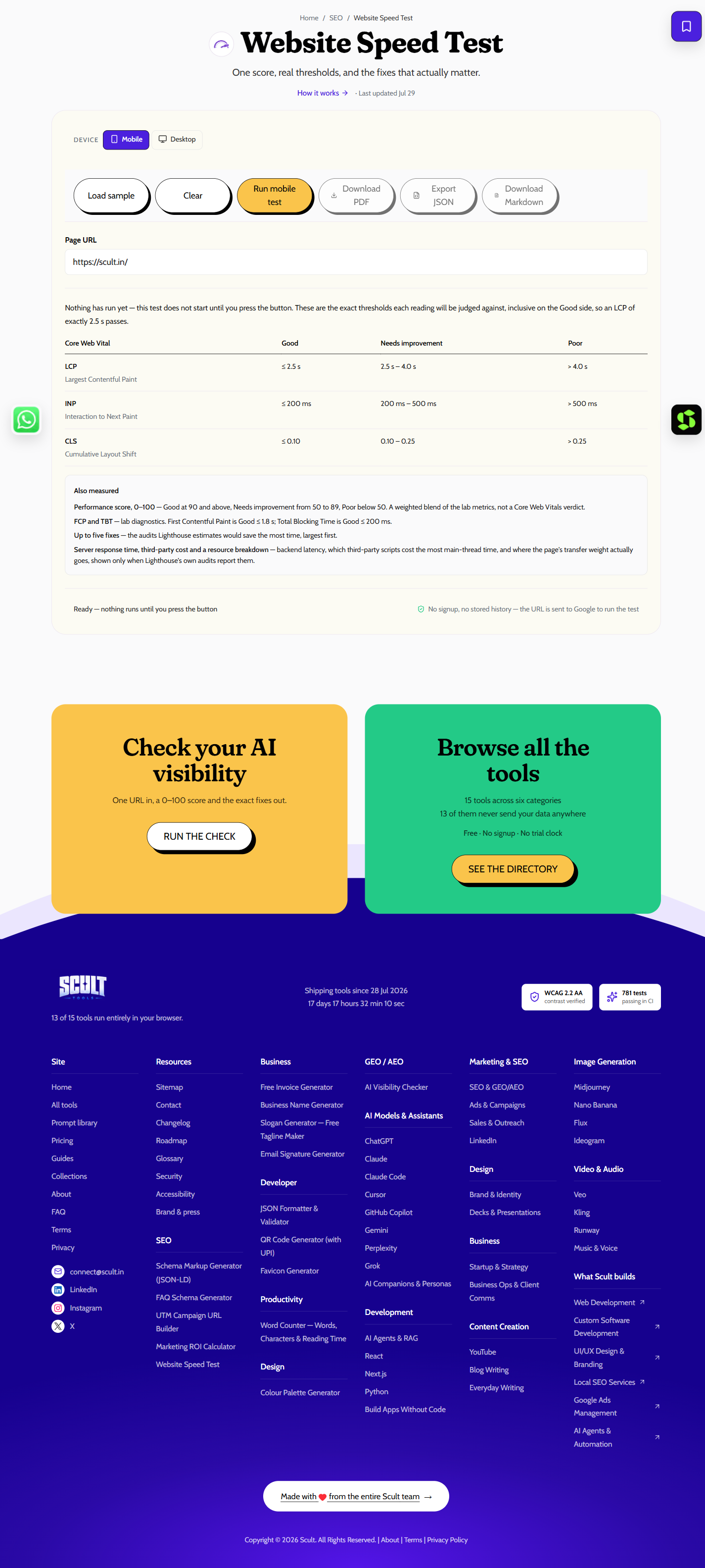 Website Speed Test showing the mobile/desktop toggle and a table of Core Web Vital thresholds — LCP, INP, CLS — before a test has been run
