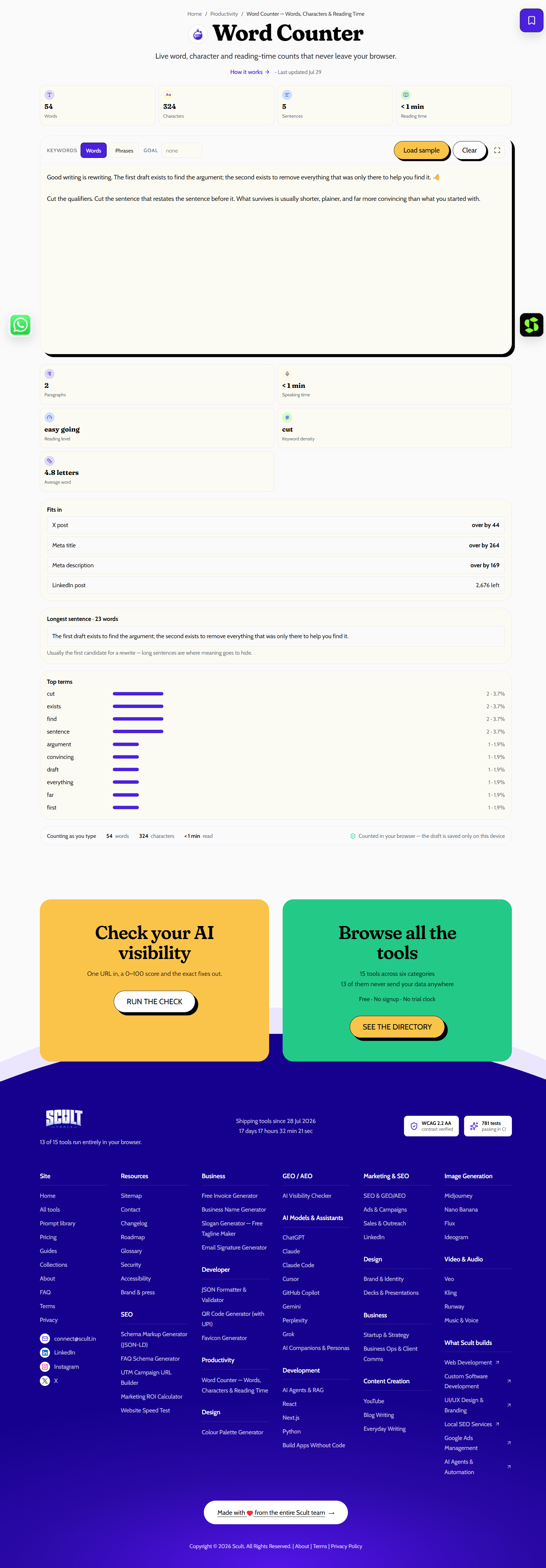Word Counter showing live word, character, sentence and reading-time counts above a text box