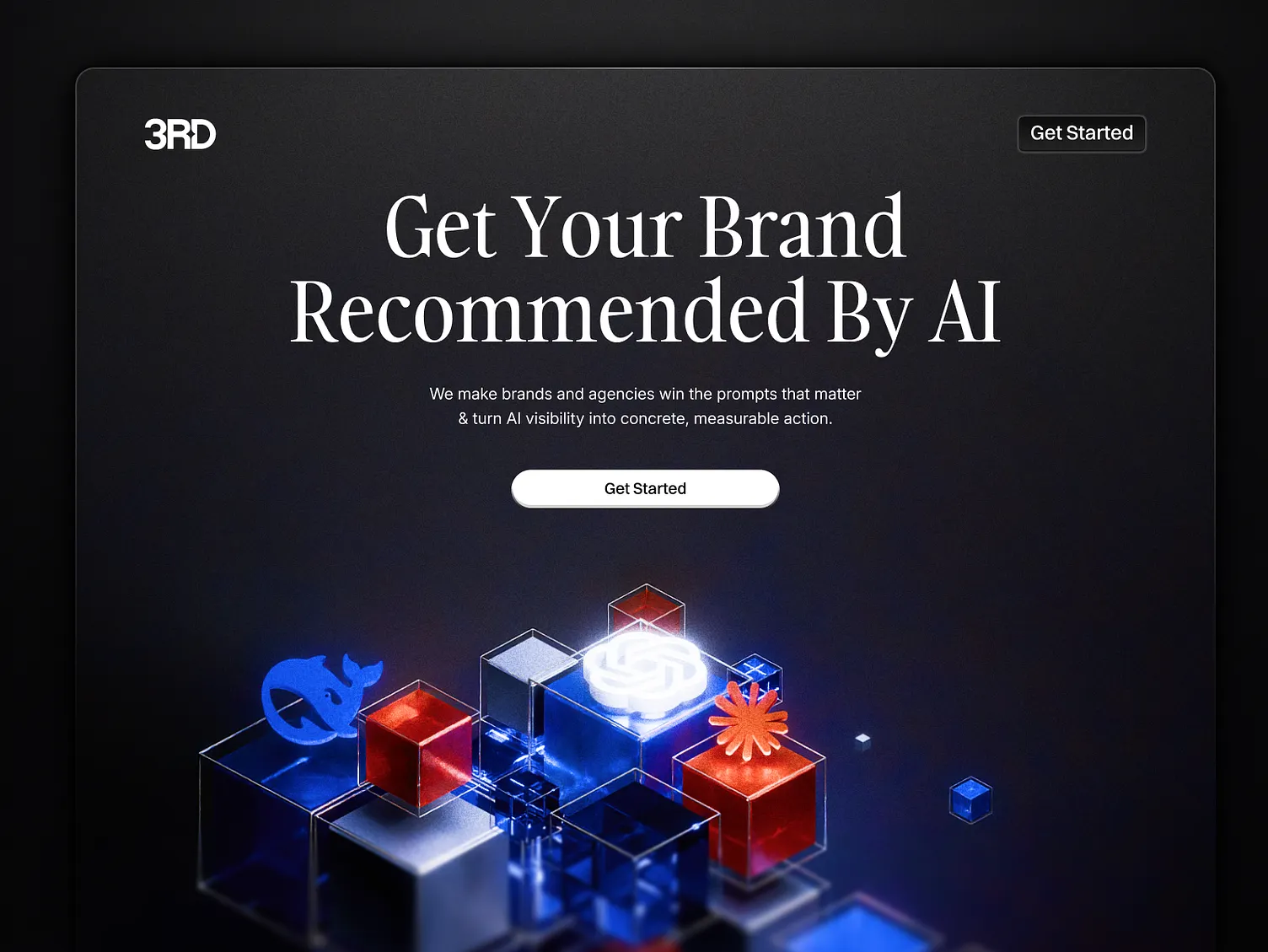 AI brand-visibility landing page: headline promising brand recommendations from AI, with a clear call to action