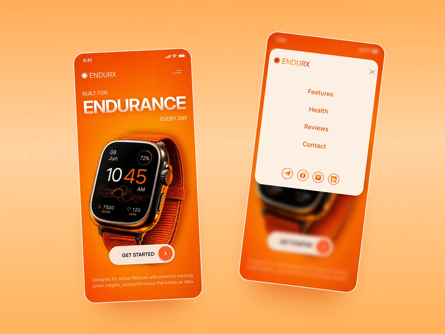 Fitness app design showing the home screen beside its expanded full-screen navigation menu
