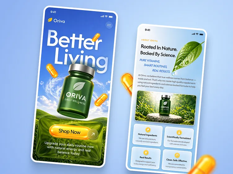 Wellness app design showing a shop screen and an about screen with feature cards