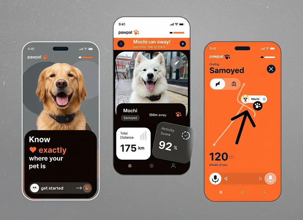 Pet tracking app design across three screens: pet profile, live location tracking and a finder view