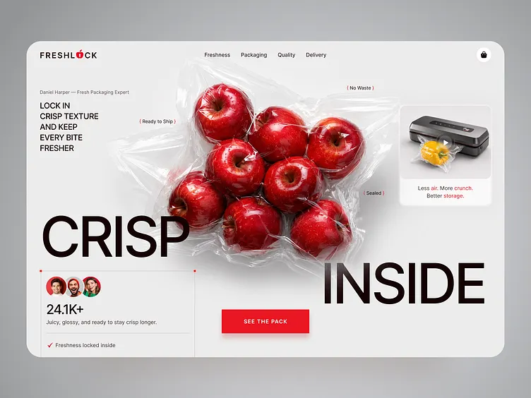 Food packaging product page design with a large product shot, review count and buy action
