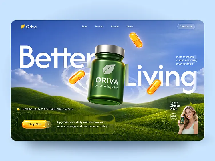 Wellness brand storefront design with a product hero, trust badge and prominent shop button